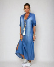 Lea™ | Langes Kleid im Jeans-Look mit Seitenschlitz