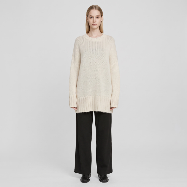 Sweter Oversize z Grubej Dzianiny Kremowy